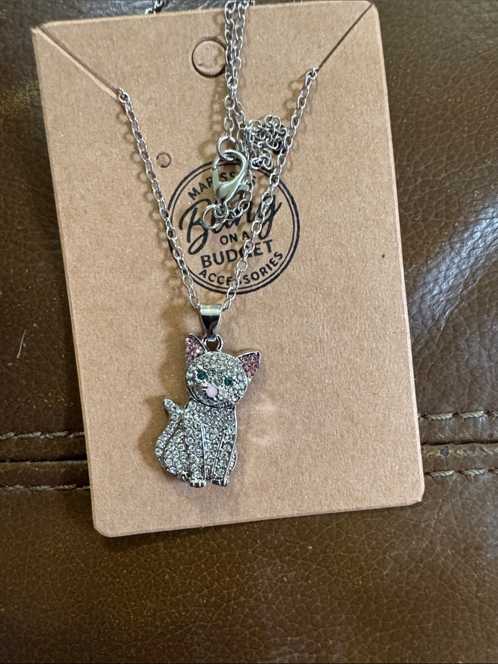 Crystal Cat Pendant Necklace - Silver with Pink Accents